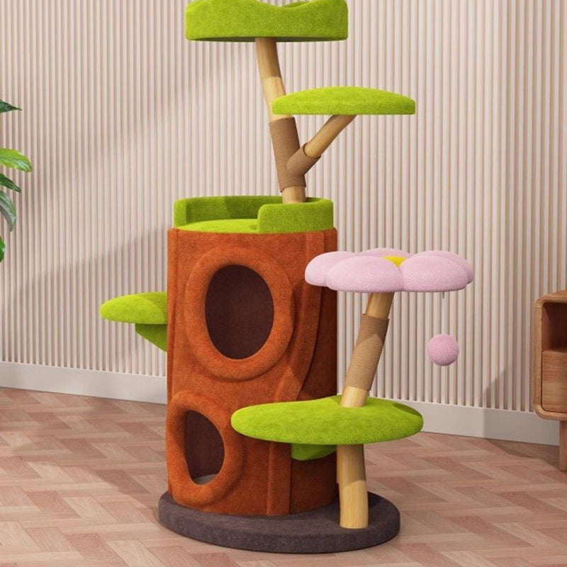 Arbre à chat contemporain créatif en cylindre en bois naturel, sisal, tissu velours, bois massif, style maison dans l’arbre, 5 niveaux pour salon 