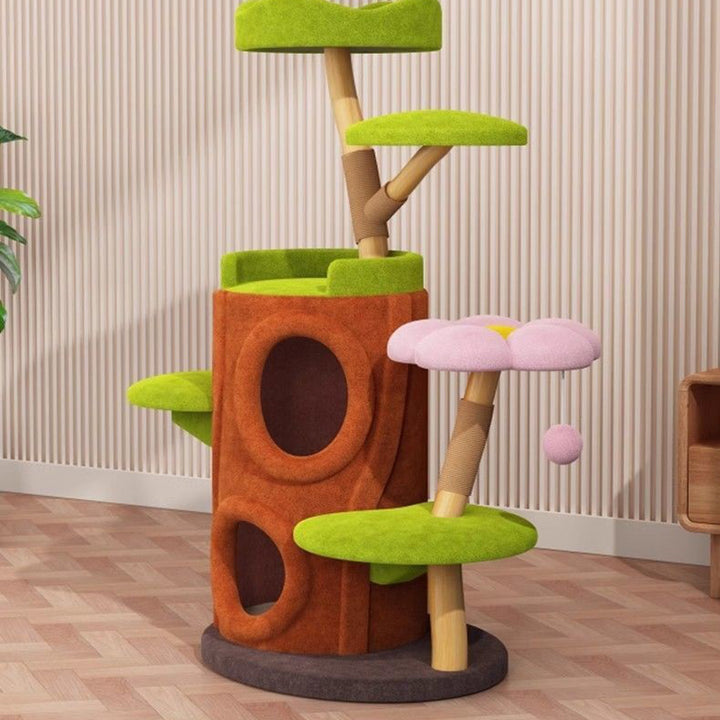 Arbre à chat contemporain créatif en cylindre en bois naturel, sisal, tissu velours, bois massif, style maison dans l’arbre, 5 niveaux pour salon 