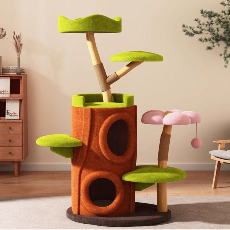 Arbre à chat contemporain créatif en cylindre en bois naturel, sisal, tissu velours, bois massif, style maison dans l’arbre, 5 niveaux pour salon 