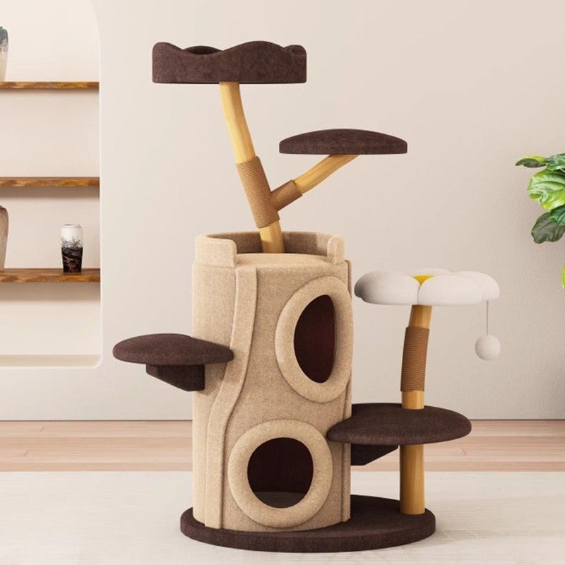 Arbre à chat contemporain créatif en cylindre en bois naturel, sisal, tissu velours, bois massif, style maison dans l’arbre, 5 niveaux pour salon 