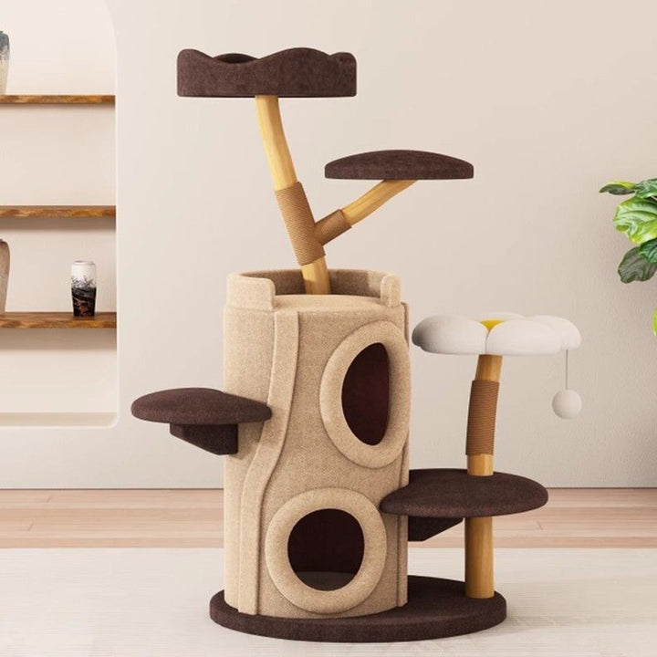 Arbre à chat contemporain créatif en cylindre en bois naturel, sisal, tissu velours, bois massif, style maison dans l’arbre, 5 niveaux pour salon 