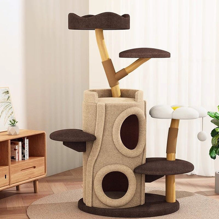 Arbre à chat contemporain créatif en cylindre en bois naturel, sisal, tissu velours, bois massif, style maison dans l’arbre, 5 niveaux pour salon 