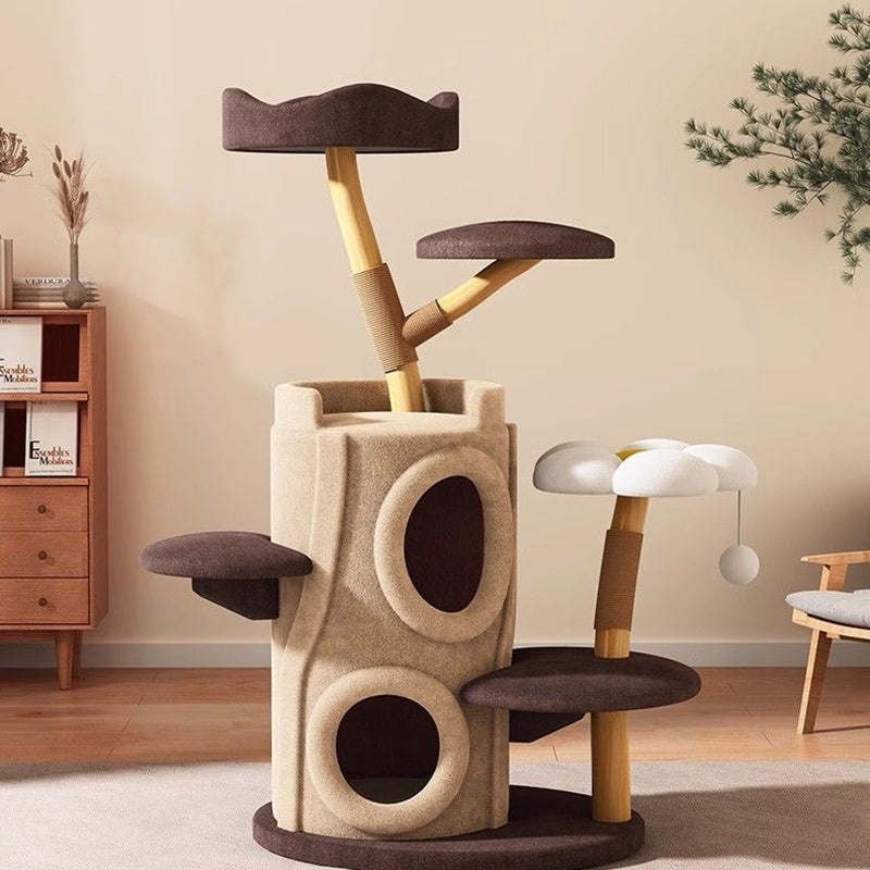 Arbre à chat contemporain créatif en cylindre en bois naturel, sisal, tissu velours, bois massif, style maison dans l’arbre, 5 niveaux pour salon 
