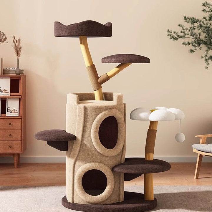 Arbre à chat contemporain créatif en cylindre en bois naturel, sisal, tissu velours, bois massif, style maison dans l’arbre, 5 niveaux pour salon 