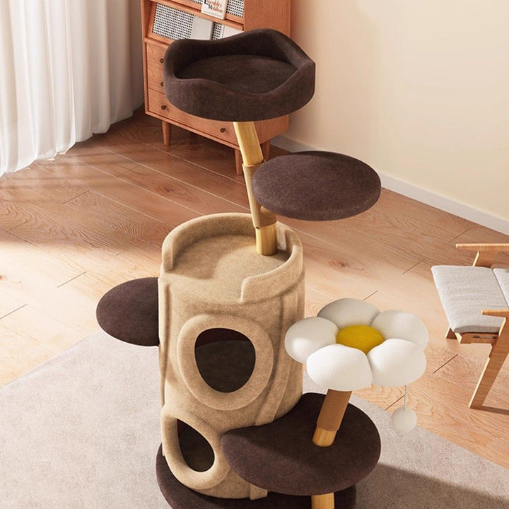 Arbre à chat contemporain créatif en cylindre en bois naturel, sisal, tissu velours, bois massif, style maison dans l’arbre, 5 niveaux pour salon 