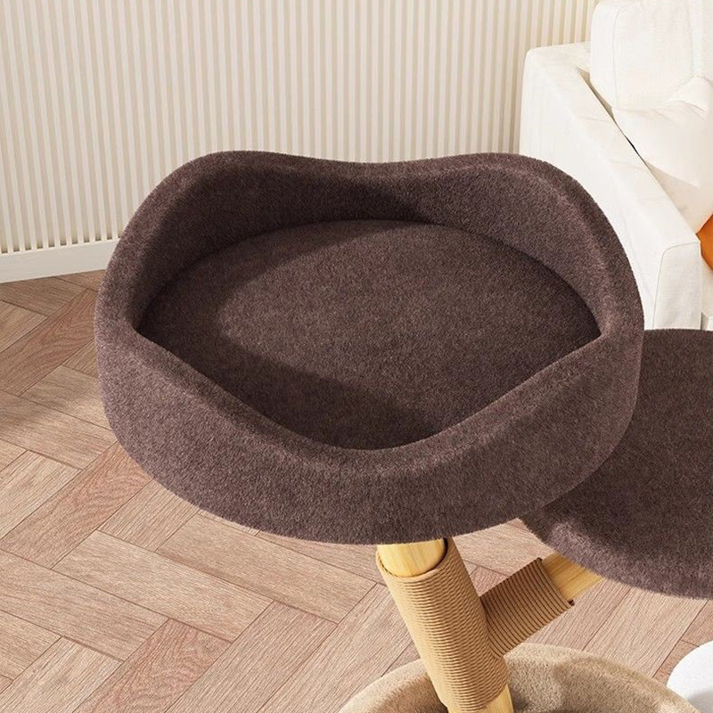 Arbre à chat contemporain créatif en cylindre en bois naturel, sisal, tissu velours, bois massif, style maison dans l’arbre, 5 niveaux pour salon 