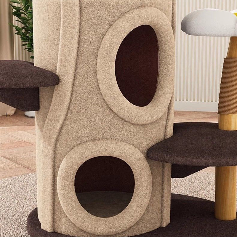 Arbre à chat contemporain créatif en cylindre en bois naturel, sisal, tissu velours, bois massif, style maison dans l’arbre, 5 niveaux pour salon 