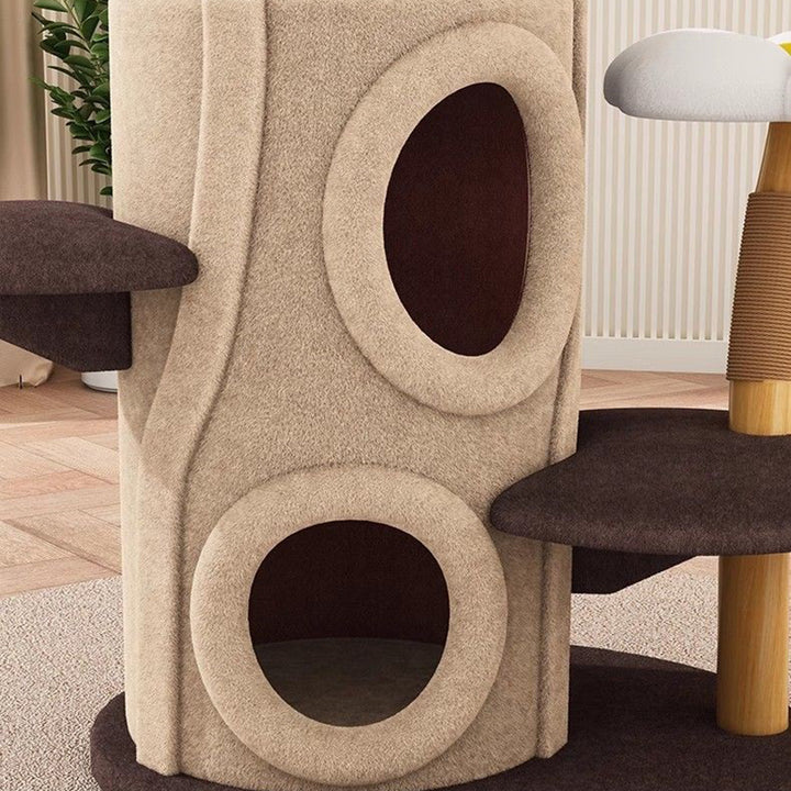Arbre à chat contemporain créatif en cylindre en bois naturel, sisal, tissu velours, bois massif, style maison dans l’arbre, 5 niveaux pour salon 