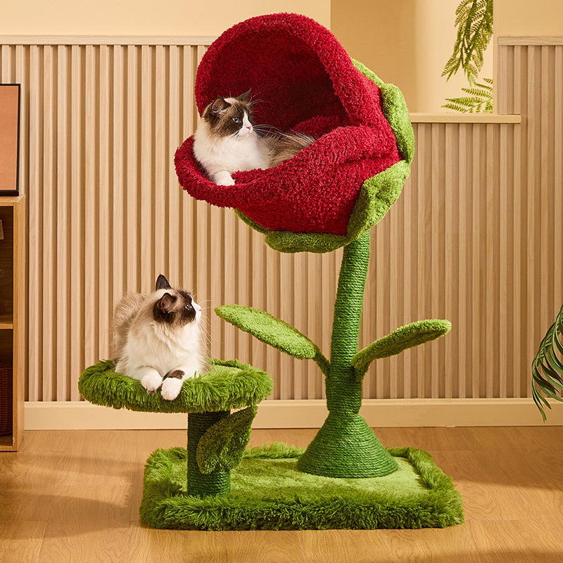 現代的なクリエイティブラウンド中密度ファイバーボードシサルベルベット生地の花柄キャットツリー2段リビングルーム用 