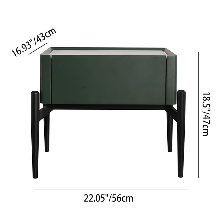 Moderna mesita de noche de lujo verde oscuro de 1 cajón: mesa auxiliar de alta gama con patas de estilete para dormitorio 