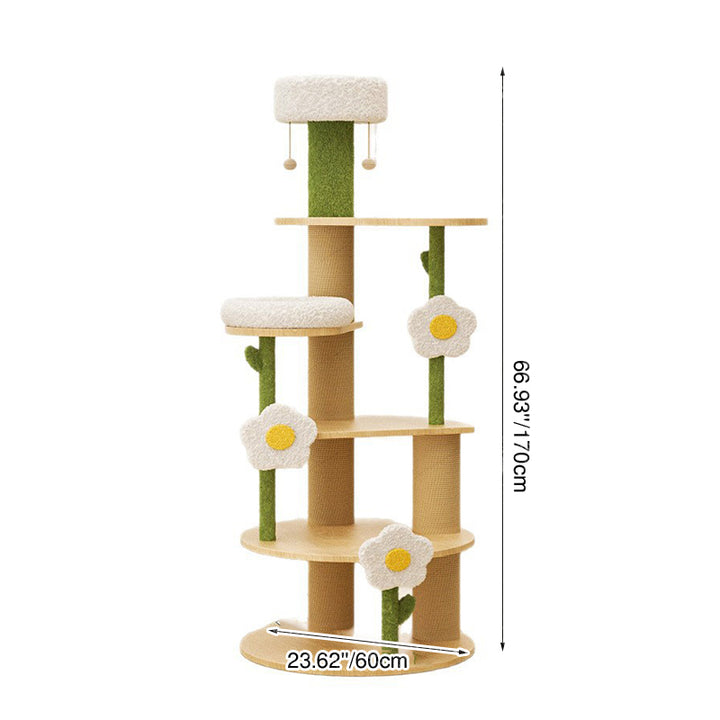 Zeitgenössischer kreativer runder Katzenbaum aus Sperrholz, Sisal und Samtstoff im frischen Landhausstil, 6 Ebenen, für das Wohnzimmer 