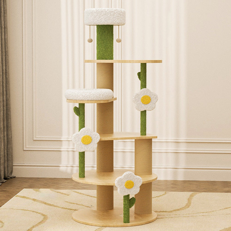Zeitgenössischer kreativer runder Katzenbaum aus Sperrholz, Sisal und Samtstoff im frischen Landhausstil, 6 Ebenen, für das Wohnzimmer 