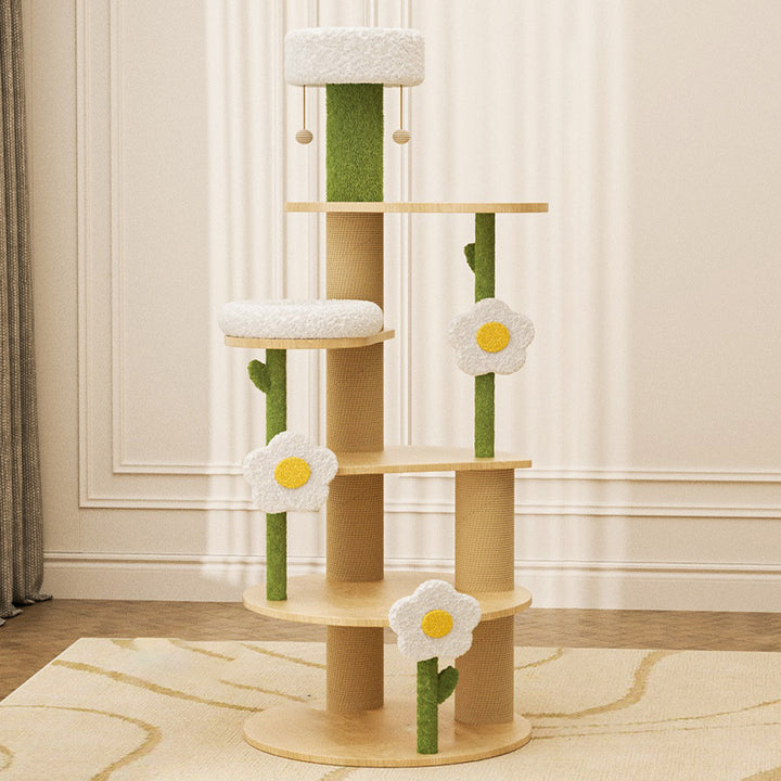 Zeitgenössischer kreativer runder Katzenbaum aus Sperrholz, Sisal und Samtstoff im frischen Landhausstil, 6 Ebenen, für das Wohnzimmer 