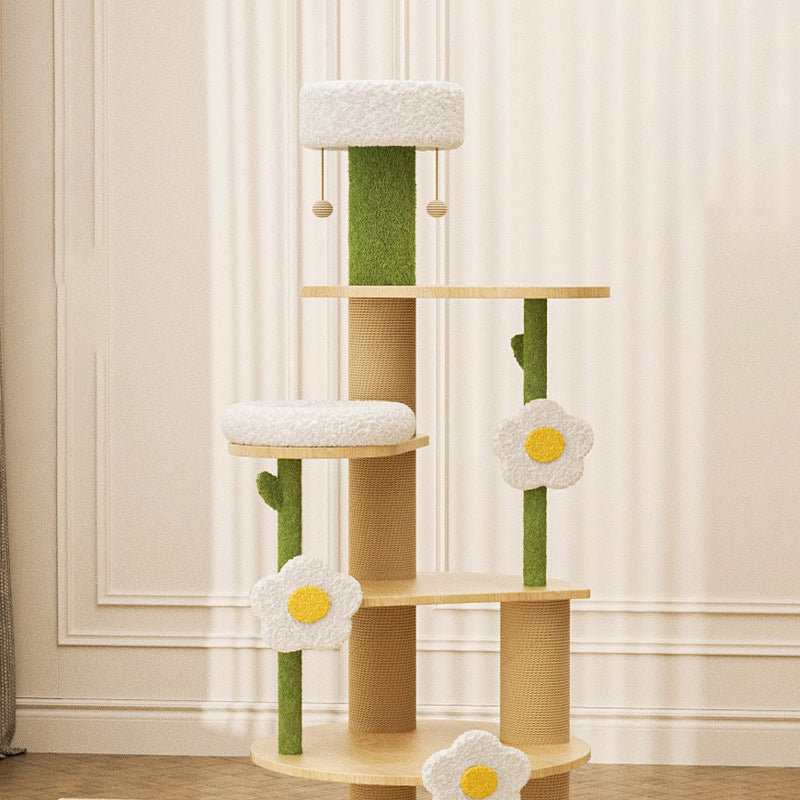 Zeitgenössischer kreativer runder Katzenbaum aus Sperrholz, Sisal und Samtstoff im frischen Landhausstil, 6 Ebenen, für das Wohnzimmer 