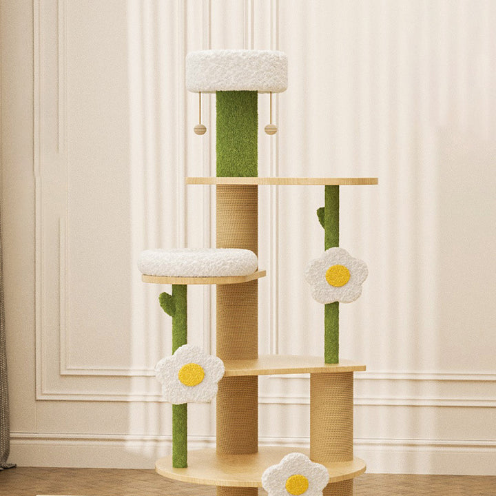 Zeitgenössischer kreativer runder Katzenbaum aus Sperrholz, Sisal und Samtstoff im frischen Landhausstil, 6 Ebenen, für das Wohnzimmer 