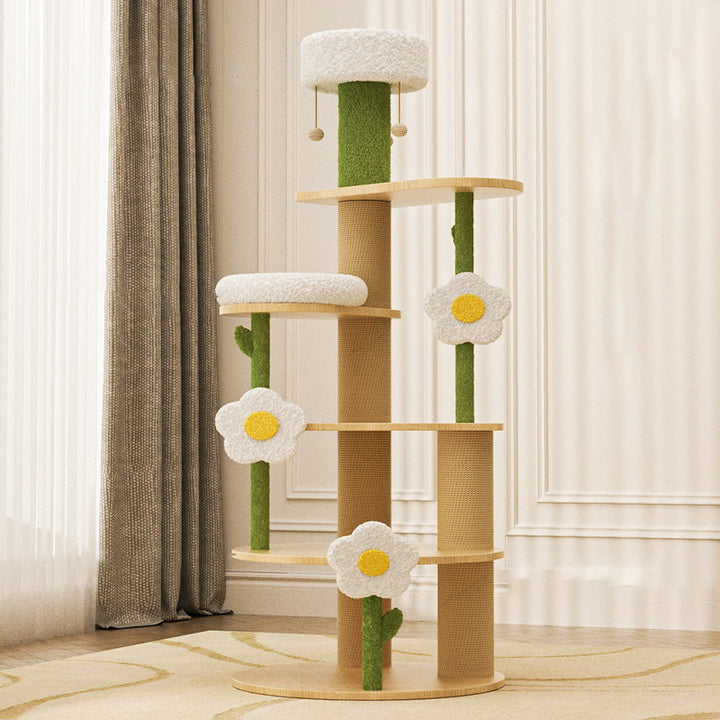 Zeitgenössischer kreativer runder Katzenbaum aus Sperrholz, Sisal und Samtstoff im frischen Landhausstil, 6 Ebenen, für das Wohnzimmer 