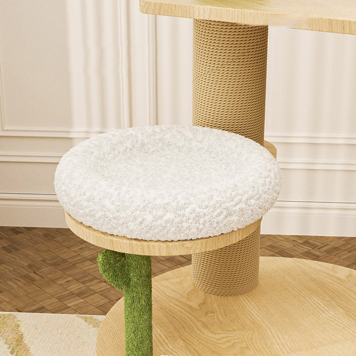 Zeitgenössischer kreativer runder Katzenbaum aus Sperrholz, Sisal und Samtstoff im frischen Landhausstil, 6 Ebenen, für das Wohnzimmer 