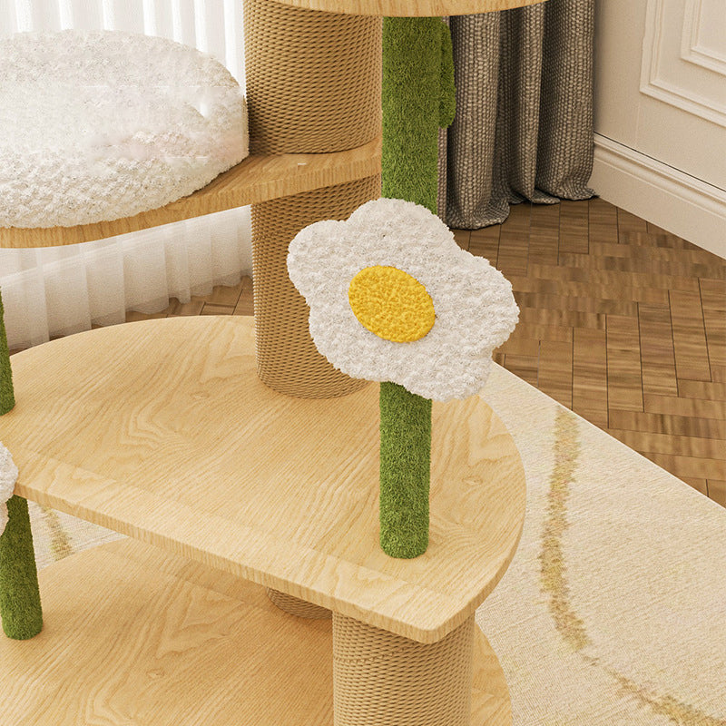 Zeitgenössischer kreativer runder Katzenbaum aus Sperrholz, Sisal und Samtstoff im frischen Landhausstil, 6 Ebenen, für das Wohnzimmer 