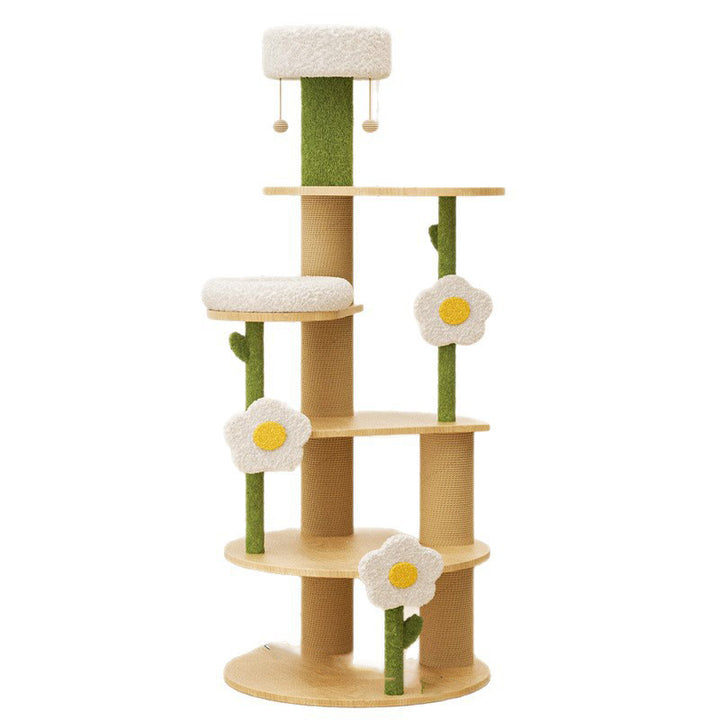 Zeitgenössischer kreativer runder Katzenbaum aus Sperrholz, Sisal und Samtstoff im frischen Landhausstil, 6 Ebenen, für das Wohnzimmer 