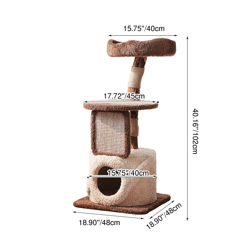 Árbol para gatos contemporáneo escandinavo redondo de madera natural de partículas de fruta y tela de terciopelo de yute multifuncional de 3 niveles para sala de estar 