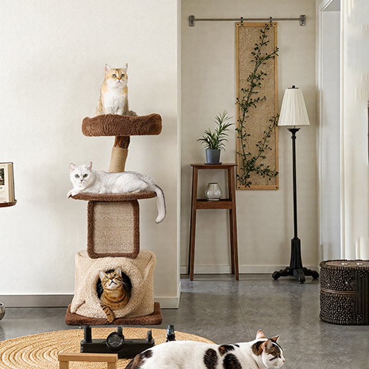 Contemporary Scandinavian Round Natural Fruitwood Particle Board Jute Velvet Fabric Multi-Functional Cat Tree 3-Tier For Living Room