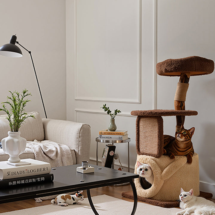 Árbol para gatos contemporáneo escandinavo redondo de madera natural de partículas de fruta y tela de terciopelo de yute multifuncional de 3 niveles para sala de estar 