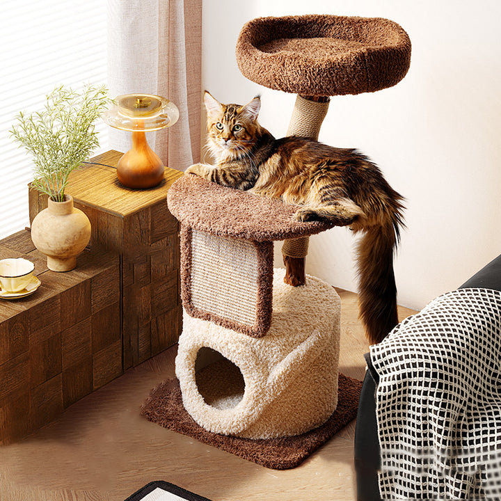 Árbol para gatos contemporáneo escandinavo redondo de madera natural de partículas de fruta y tela de terciopelo de yute multifuncional de 3 niveles para sala de estar 