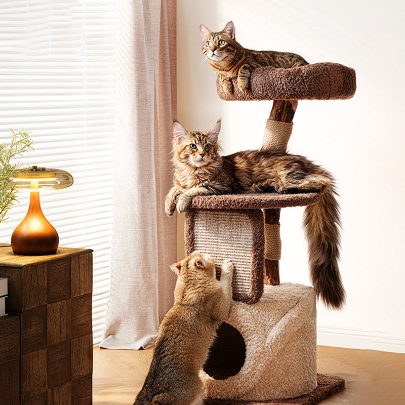 Árbol para gatos contemporáneo escandinavo redondo de madera natural de partículas de fruta y tela de terciopelo de yute multifuncional de 3 niveles para sala de estar 