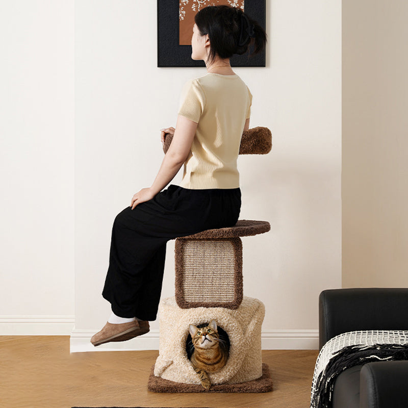 Árbol para gatos contemporáneo escandinavo redondo de madera natural de partículas de fruta y tela de terciopelo de yute multifuncional de 3 niveles para sala de estar 
