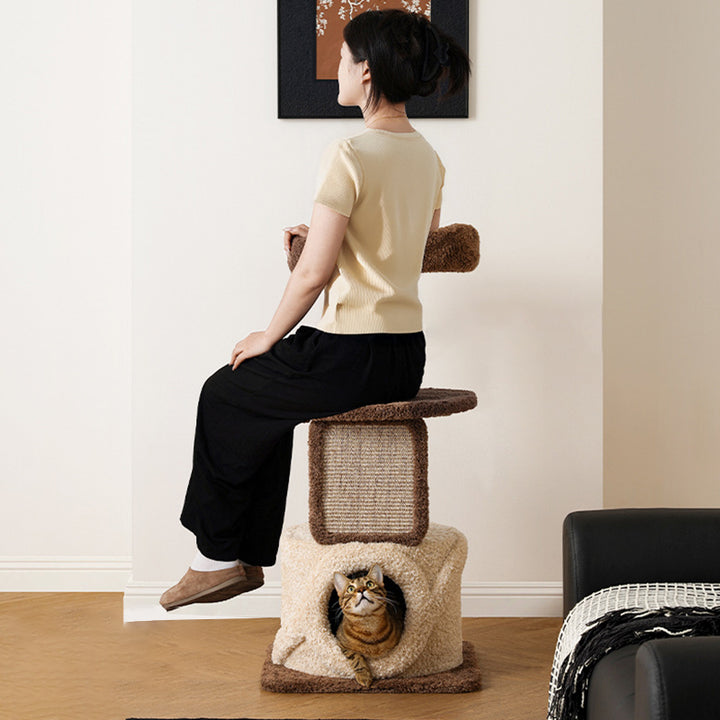 Árbol para gatos contemporáneo escandinavo redondo de madera natural de partículas de fruta y tela de terciopelo de yute multifuncional de 3 niveles para sala de estar 