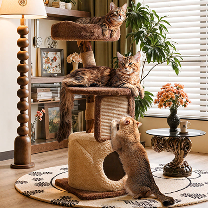 Árbol para gatos contemporáneo escandinavo redondo de madera natural de partículas de fruta y tela de terciopelo de yute multifuncional de 3 niveles para sala de estar 