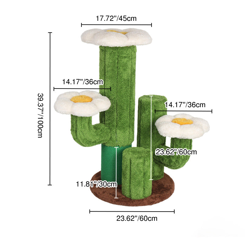 Árbol para gatos en forma de cactus de 3 niveles hecho de tablero de partículas orientado, tela de terciopelo de sisal floral y contemporáneo para la sala de estar 