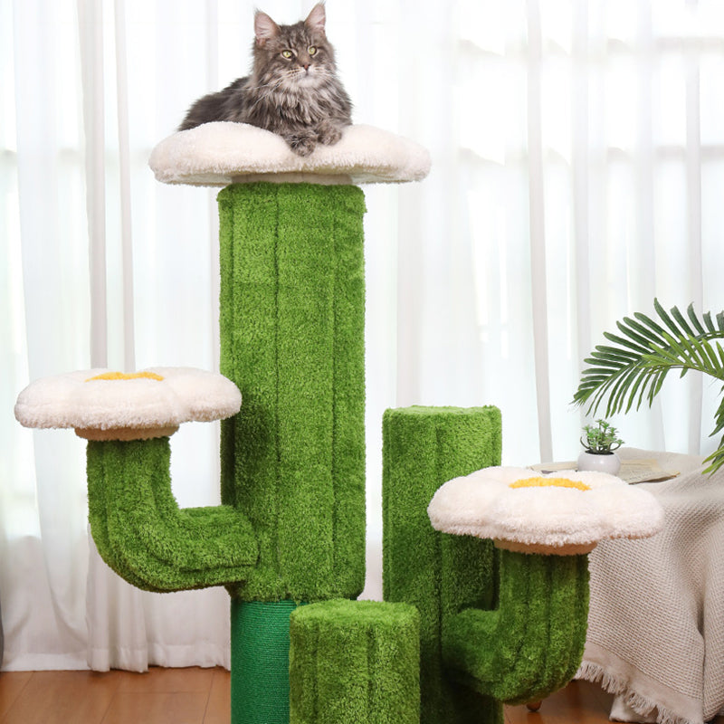 Árbol para gatos en forma de cactus de 3 niveles hecho de tablero de partículas orientado, tela de terciopelo de sisal floral y contemporáneo para la sala de estar 