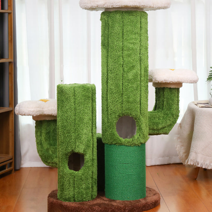 Árbol para gatos en forma de cactus de 3 niveles hecho de tablero de partículas orientado, tela de terciopelo de sisal floral y contemporáneo para la sala de estar 