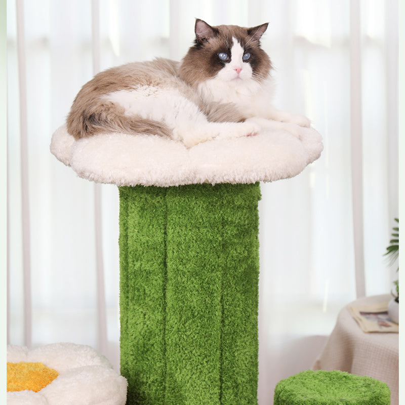 Árbol para gatos en forma de cactus de 3 niveles hecho de tablero de partículas orientado, tela de terciopelo de sisal floral y contemporáneo para la sala de estar 