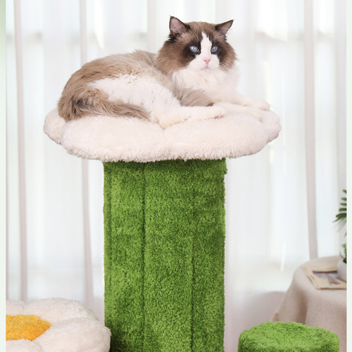 Árbol para gatos en forma de cactus de 3 niveles hecho de tablero de partículas orientado, tela de terciopelo de sisal floral y contemporáneo para la sala de estar 