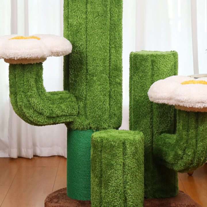 Árbol para gatos en forma de cactus de 3 niveles hecho de tablero de partículas orientado, tela de terciopelo de sisal floral y contemporáneo para la sala de estar 