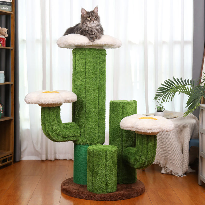 Árbol para gatos en forma de cactus de 3 niveles hecho de tablero de partículas orientado, tela de terciopelo de sisal floral y contemporáneo para la sala de estar 