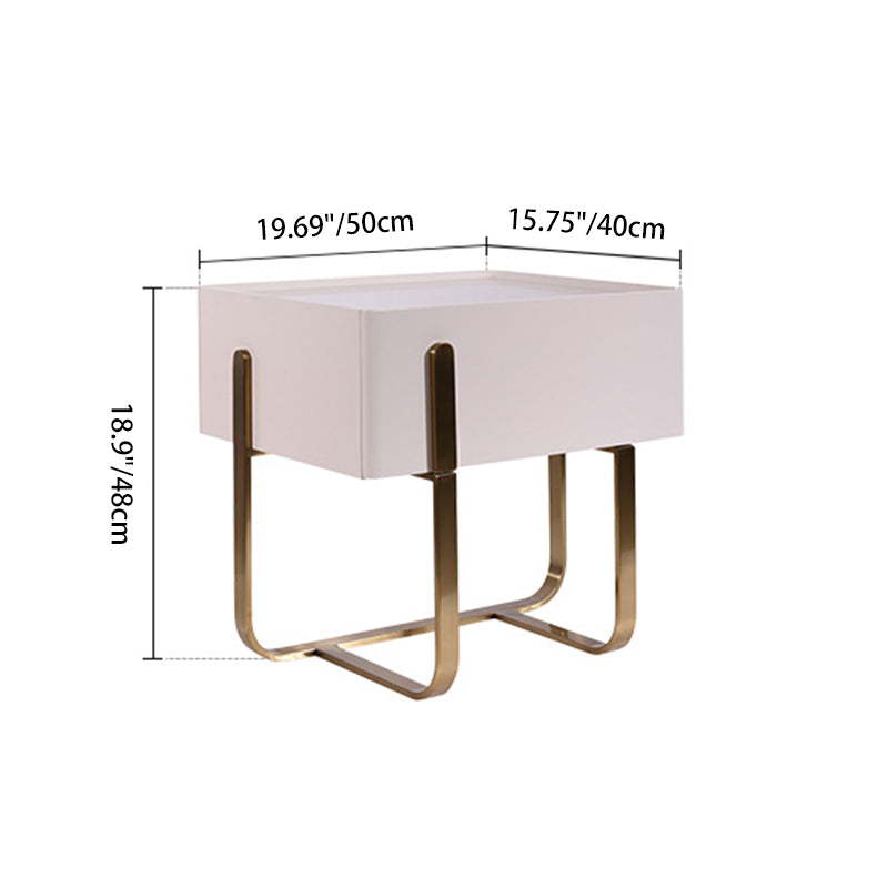 Table de chevet moderne de luxe mat beige : design flottant en acier inoxydable revêtu de titane, avec un seul tiroir, pour chambre à coucher 