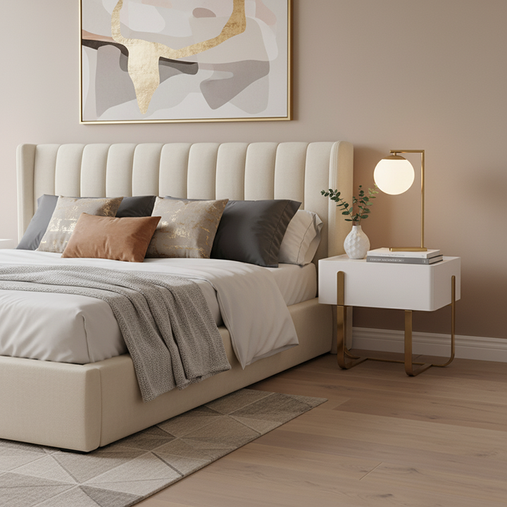 Table de chevet moderne de luxe mat beige : design flottant en acier inoxydable revêtu de titane, avec un seul tiroir, pour chambre à coucher 