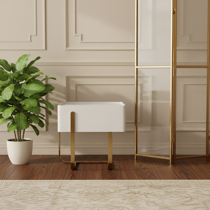 Table de chevet moderne de luxe mat beige : design flottant en acier inoxydable revêtu de titane, avec un seul tiroir, pour chambre à coucher 
