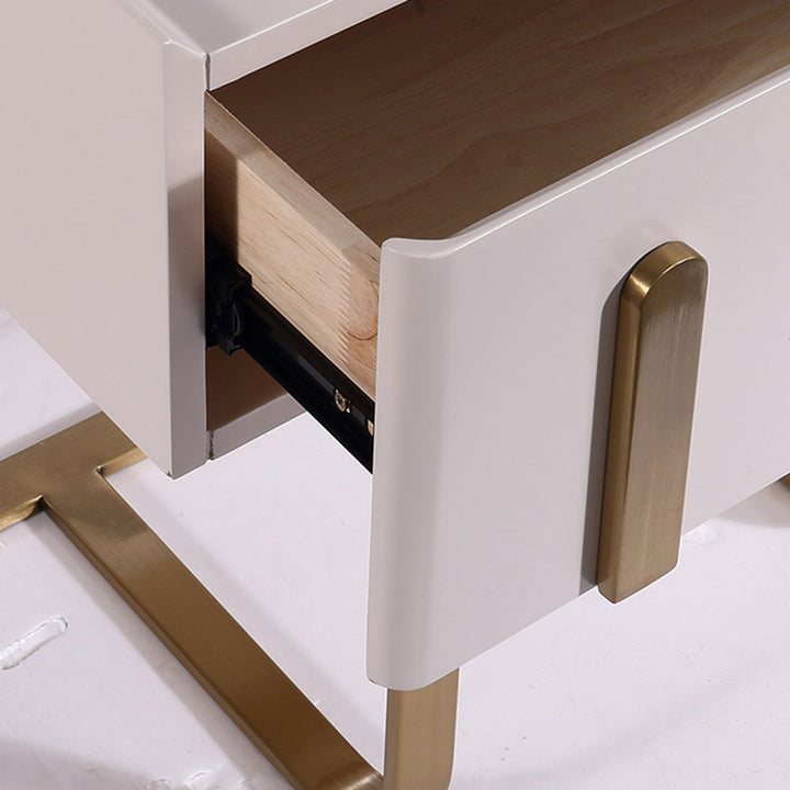 Table de chevet moderne de luxe mat beige : design flottant en acier inoxydable revêtu de titane, avec un seul tiroir, pour chambre à coucher 