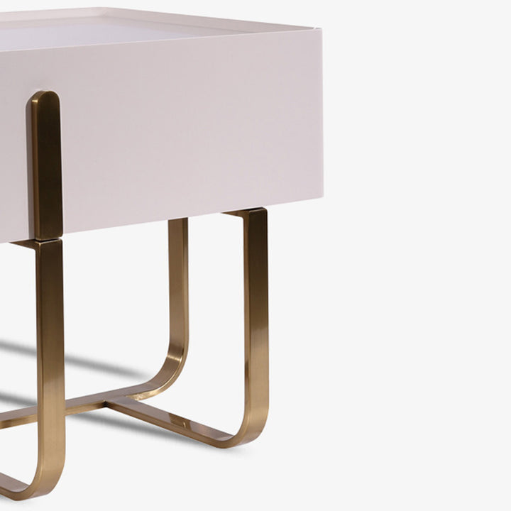 Table de chevet moderne de luxe mat beige : design flottant en acier inoxydable revêtu de titane, avec un seul tiroir, pour chambre à coucher 