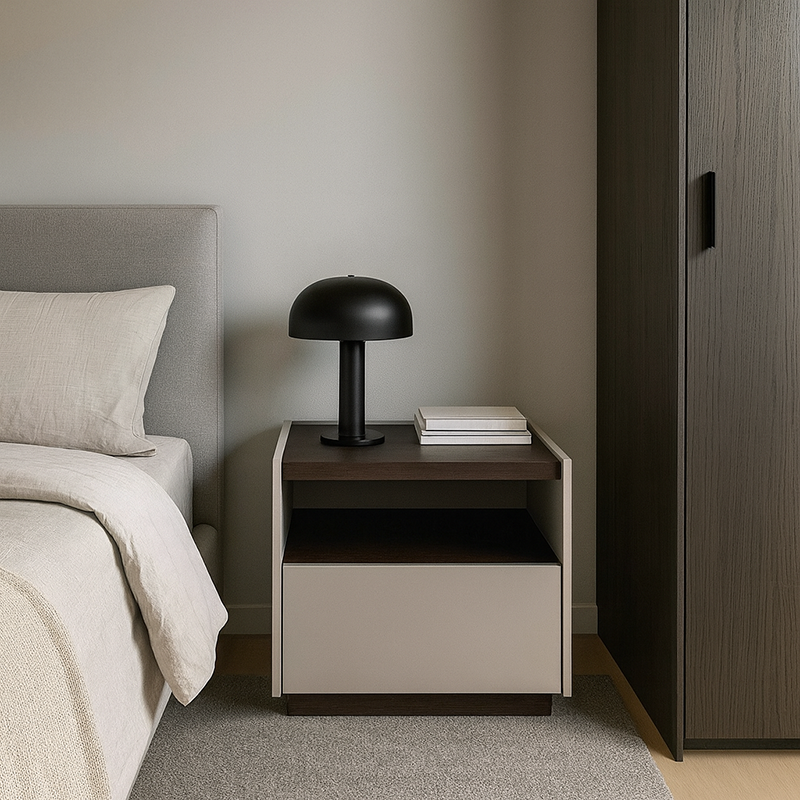 Table de chevet contemporaine scandinave à un tiroir : design minimaliste laqué blanc cassé - table de chevet de rangement plaquée pour chambre à coucher 