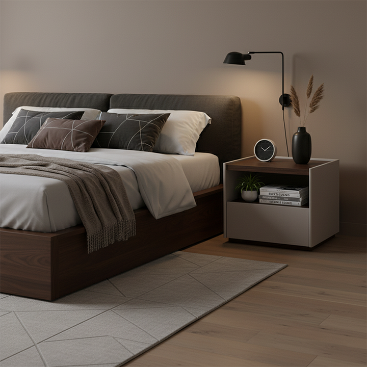 Table de chevet contemporaine scandinave à un tiroir : design minimaliste laqué blanc cassé - table de chevet de rangement plaquée pour chambre à coucher 