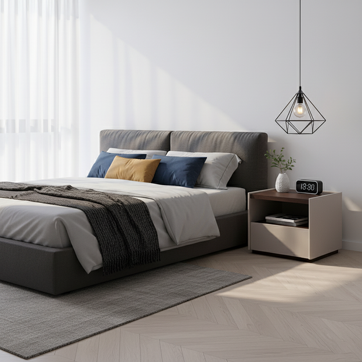 Table de chevet contemporaine scandinave à un tiroir : design minimaliste laqué blanc cassé - table de chevet de rangement plaquée pour chambre à coucher 
