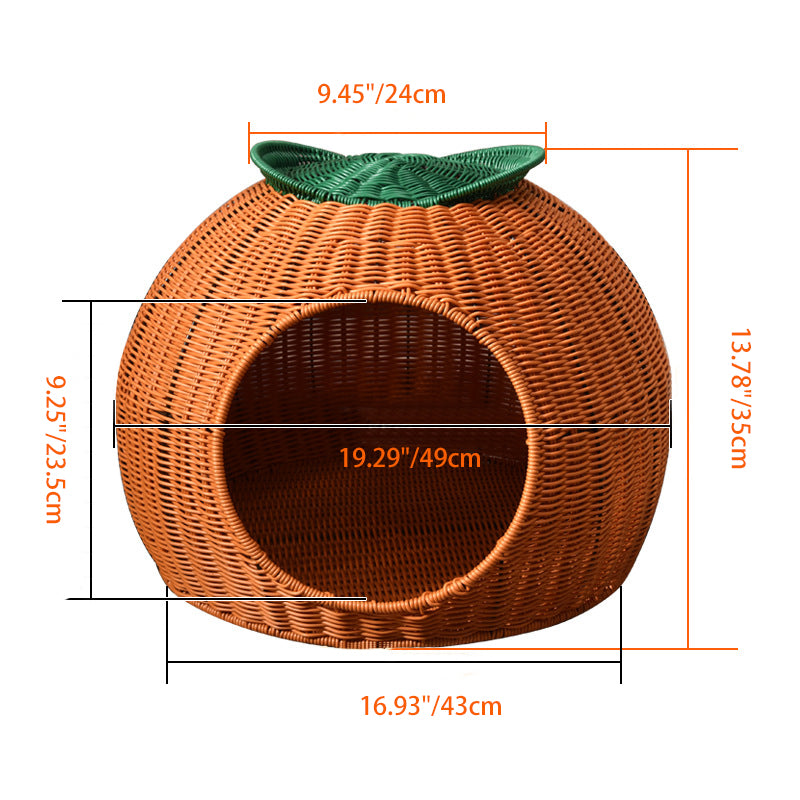 Lit pour chat tissé à la main en faux rotin en PP/PE, tissu velours, forme ronde orange, style contemporain et créatif, pour chambre et salon 