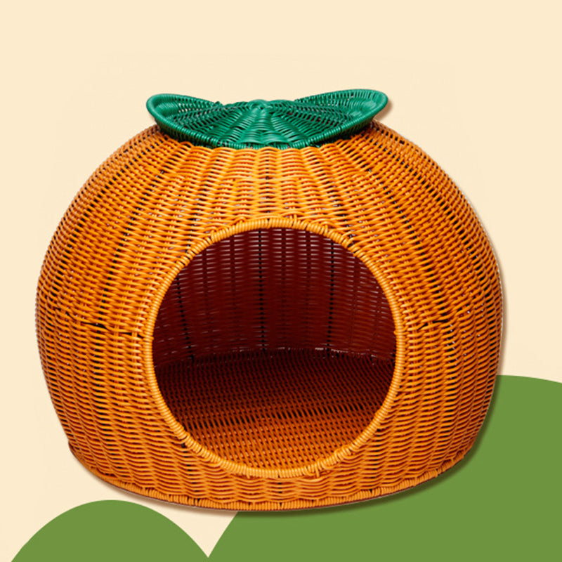 Lit pour chat tissé à la main en faux rotin en PP/PE, tissu velours, forme ronde orange, style contemporain et créatif, pour chambre et salon 