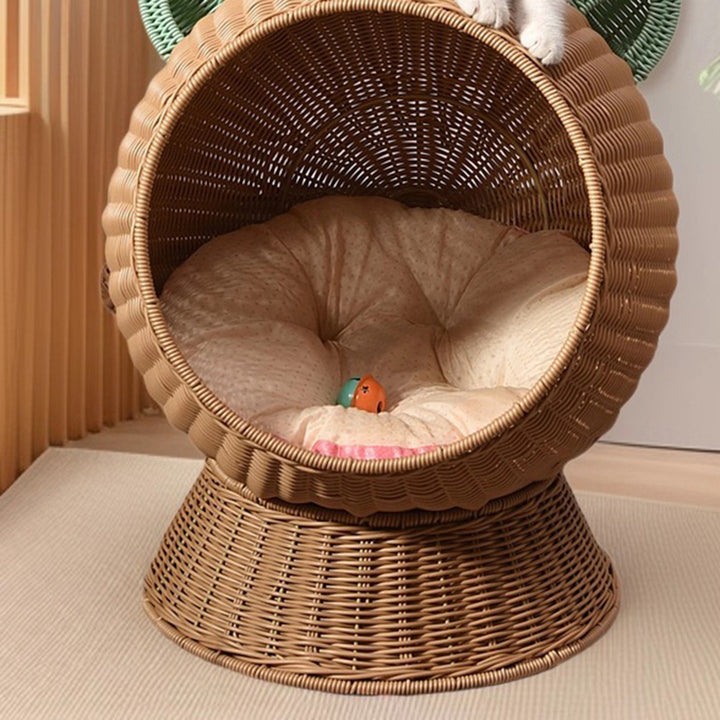 Contemporary Creative Round PP/PE Faux Rattan Fabric Handwoven Cat Ear-Shaped Cat Bed For Bedroom & Living Room