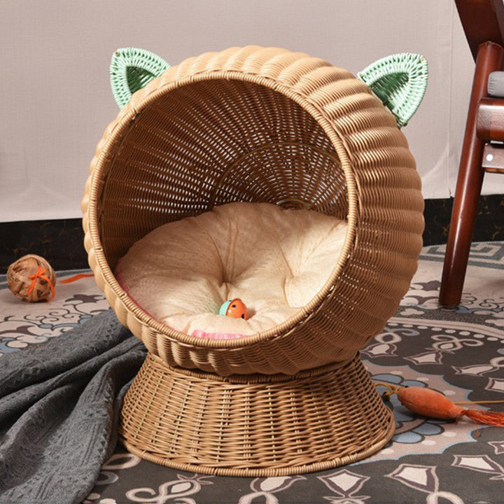 Contemporary Creative Round PP/PE Faux Rattan Fabric Handwoven Cat Ear-Shaped Cat Bed For Bedroom & Living Room